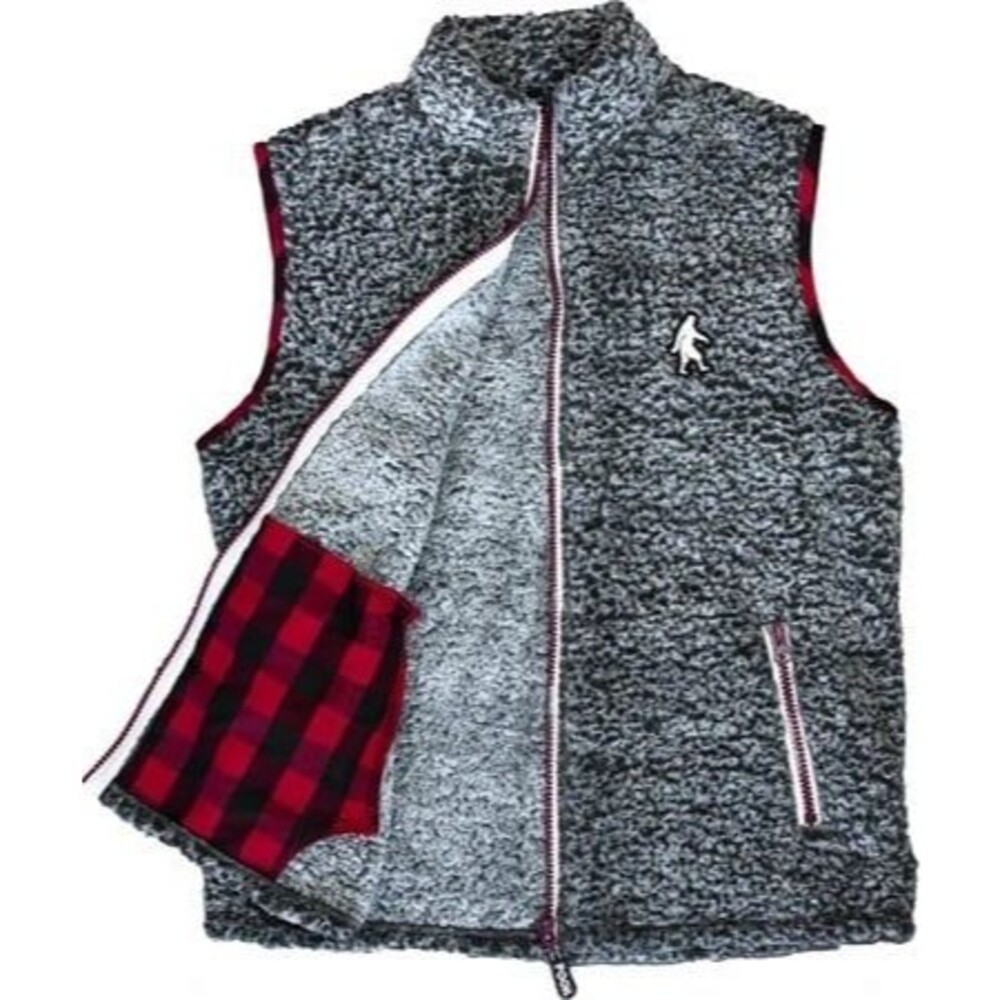 POOK Sherpa Fleece Vest Small Gray Bigfoot Buffalo Plaid